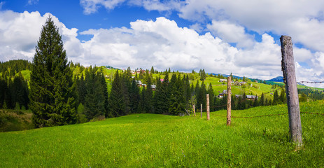 Fototapeta na wymiar Typical Carpathians village landscape. Old fence made of wood pillars and barbed metallic wire across the farm on the green hills surrounded by coniferous forests