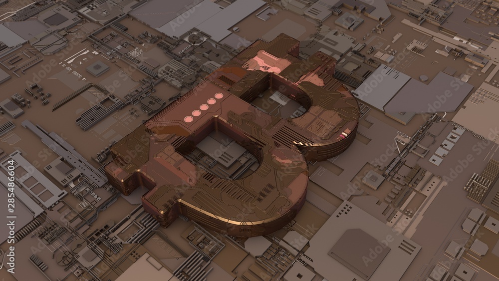 Poster 3d rendering of the bitcoin cryptocurrency symbol against the background of many electrical componen