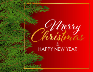 Fototapeta na wymiar Merry Christmas and Happy New Year design in gold frame with fir branches on dark red background. Lettering can be used for posters, leaflets, announcements