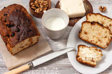 Barmbrack or bairin breac is a traditional Irish sweet yeast bread with grapes and raisins, often eaten with afternoon tea butter and traditionally served on Halloween.