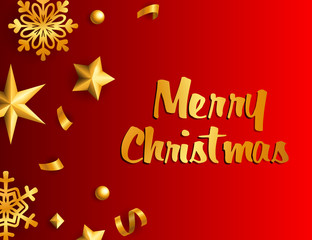 Fototapeta na wymiar Merry Christmas poster design with golden star decoration on dark red gradient background. Lettering can be used for posters, leaflets, announcements