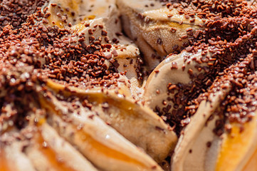 Austrian dessert, chocolate ice cream, close-up. Chocolate chips, apricot filling.