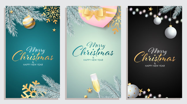 Set of Merry Christmas and Happy New Year banner with fir branches, champagne and presents on background of different colors. Letterings can be used for posters, leaflets, announcements