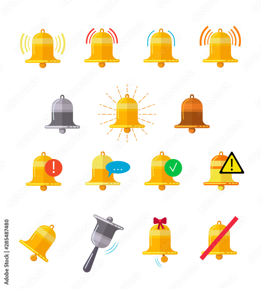 Poster message bells vector illustrations set. reminder signal indicator design elements collection. isolat