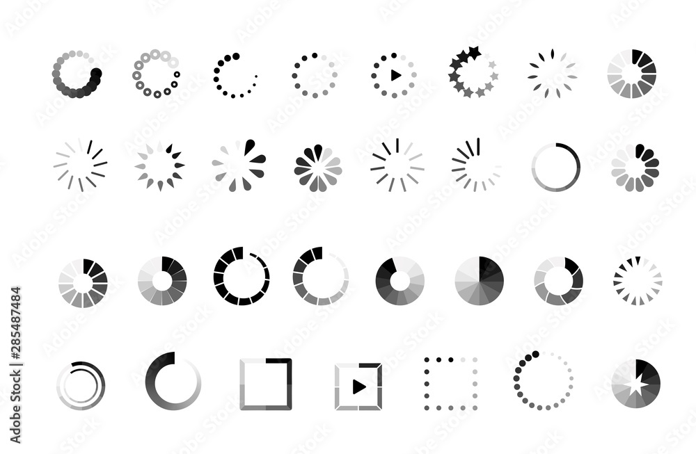 Poster loading indicators vector illustrations set. download progress round design elements collection. iso