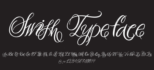 Hand drawn typeface on black background. Painted vector characters: lowercase and uppercase. Typography cursive alphabet for your designs: logo, typeface, card, poster