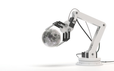 Industrial robot isolated on a white background. Robotic hand holds a moon. Conceptual creative image of artificial intelligence with copy space. 3D render.