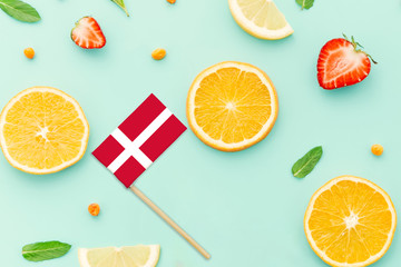 Denmark Paper Stick Flag. National summer fruits concept, local food market. Vegetarian theme.