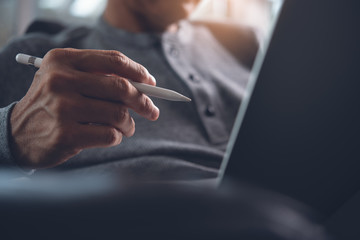 Working on laptop computer