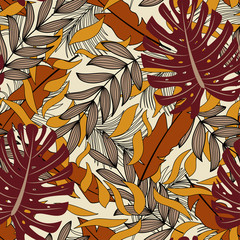 Bright summer seamless background design. Exotic print, print, textile, fabric, Wallpaper. Beautiful tropical pattern. Tropical leaves and plants on a beige background. Hawaiian design.