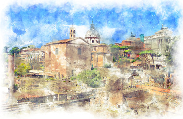 Obraz premium Digital illustration in watercolor style of Mamertine Prison from Via dei Fori Imperiali street, Rome, Italy