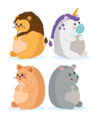 set of lion with mythical unicorn and cat with hippopotamus