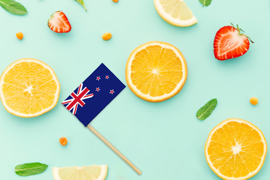 New Zealand Paper Stick Flag. National Summer Fruits Concept, Local Food Market. Vegetarian Theme.