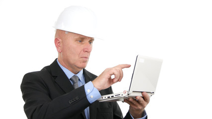 Image with Busy Engineer Using Laptop Communication