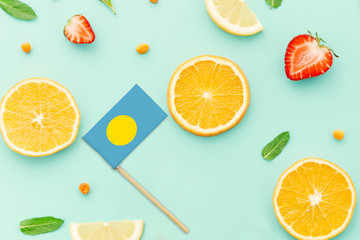Palau Paper Stick Flag. National summer fruits concept, local food market. Vegetarian theme.