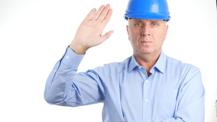 Image with Serious Engineer Making a Hello Hand Gestures