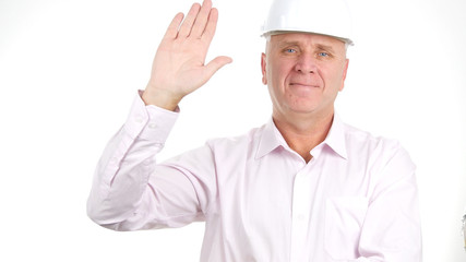 Image with Engineer Smiling and Making a Hello Hand Gestures