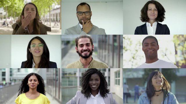 Group of smiling multiethnic people posing. Multiscreen montage, split screen collage. Ethnicity variation concept