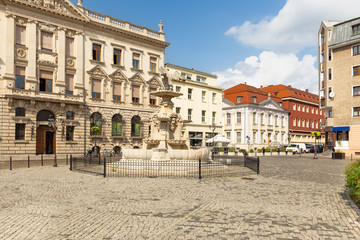 Fototapeta na wymiar Szczecin. White Eagle Square with historic urban architecture, sunny day