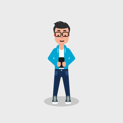 Young man in jeans and sweatshirt is texting on his smart phone. Boy using his phone. Mobile phone, social media, addiction concept. Man looking at his cell phone. Vector illustration, flat style