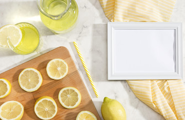 Sliced lemons with white copy space