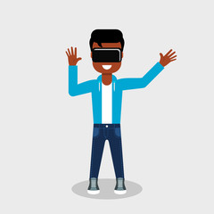Young African American in jeans and sweatshirt is looking through virtual reality glasses looking excited. Boy using augmented reality device. Vector illustration, flat style