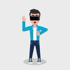 Young man in jeans and sweatshirt is looking through virtual reality glasses looking scared. Boy using augmented reality device. Vector illustration, flat style