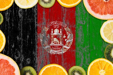 Afghanistan food concept. Fresh fruits from traditional gardens. Cooking concept on wooden flag...