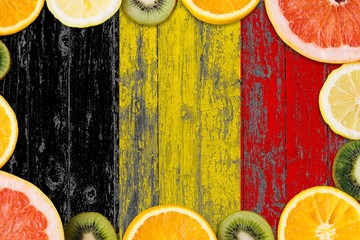 Belgium food concept. Fresh fruits from traditional gardens. Cooking concept on wooden flag...