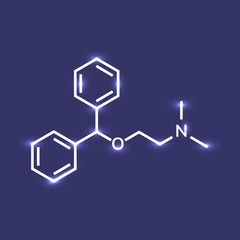 Diphenhydramine chemical formula on blue background