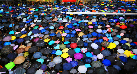 thousands of umbrella in causeway bay hong kong in rainy day on august 18 2019