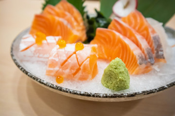 Wasabi with Fresh salmon slice sashimi serve on ice Japanese style
