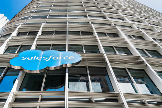 August 21, 2019 San Francisco / CA / USA - Salesforce logo displayed on the facade of Salesforce tower, the new corporate headquarters; SOMA district
