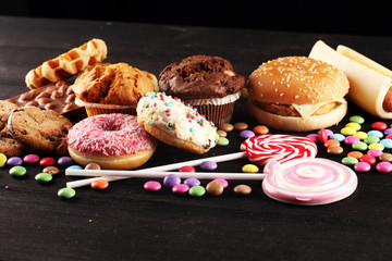 Unhealthy products. food bad for figure, skin, heart and teeth.
