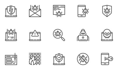 Hacking vector line icons set. Cyber virus, digital protection, hacker attack, internet security. Editable stroke. 48x48 Pixel Perfect.