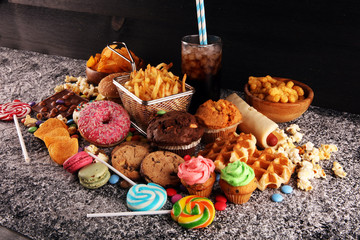 Unhealthy products. food bad for figure, skin, heart and teeth.