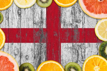 England food concept. Fresh fruits from traditional gardens. Cooking concept on wooden flag...