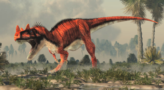 Ceratosaurus was a carnivorous theropod dinosaur of the Jurassic era most notable for the horns on its snout over its eyes. In a prehistoric wetland. 3D Rendering.