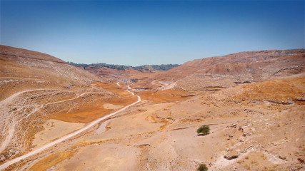 Desert with town in the distance Aerial drone view
