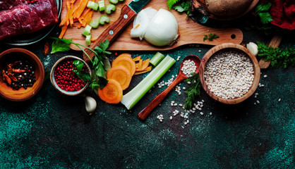 Food cooking background. Fresh organic vegetables, ingredients, spices and meat for warm autumn...