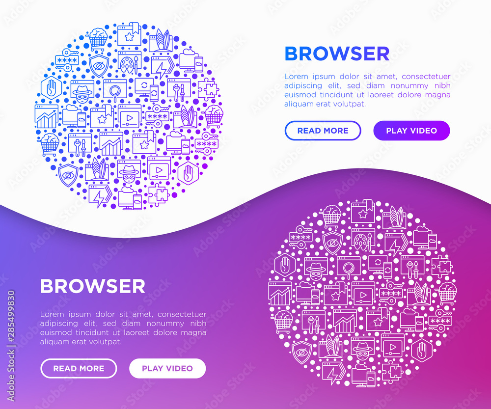 Aufkleber browser concept in circle with thin line icons: add-ons, extension, customize browser, sync between 