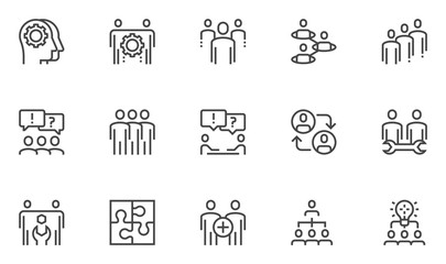 Team work vector line icons set. Cooperation, collaboration, team meeting. Editable stroke. 48x48 Pixel Perfect.