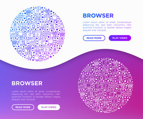 Browser concept in circle with thin line icons: add-ons, extension, customize browser, sync between devices, bookmark, private, ad blocking, password manager, surfing internet. Vector illustration.
