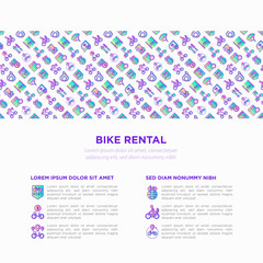 Fototapeta premium Bike rental concept with thin line icons: rates, bicycle tours, pet trailer, padlock, helmet, child seat, sharing, deposit, mobile app, cycling route. Modern vector illustration for sport issues.