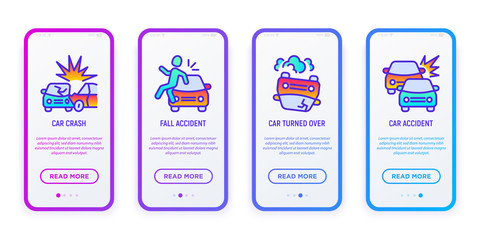 Car accident mobile user interface for insurance app. Thin line icons: car crash, fall accident, turned over. Modern vector illustration.