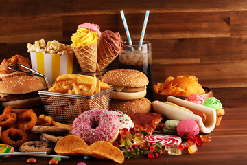 Unhealthy products. food bad for figure, skin, heart and teeth.