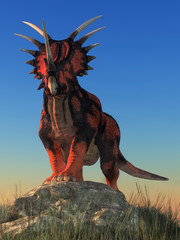 A styracosaurus stands atop a rocky hill. The name styracosaurus means spiked lizard. This dinosaur was a ceratopsian from the Cretaceous period. 3D Rendering