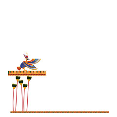 Egyptian wall art or mural element cartoons vector illustration, monumental painting, falcon bird in pharaoh hat, incarnation of sun god Ra and trees, date palms isolated on white background