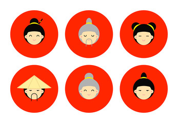 Set of Japanese face icons on red background