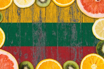 Lithuania food concept. Fresh fruits from traditional gardens. Cooking concept on wooden flag...